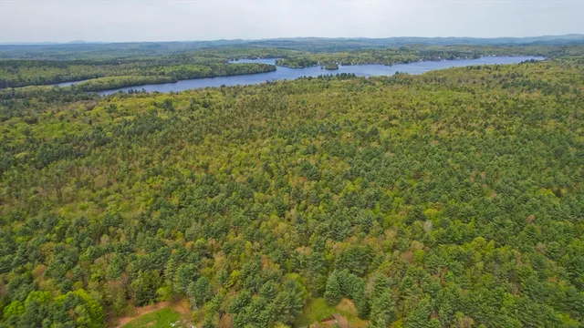 an aerial view of residential houses with outdoor space and trees around