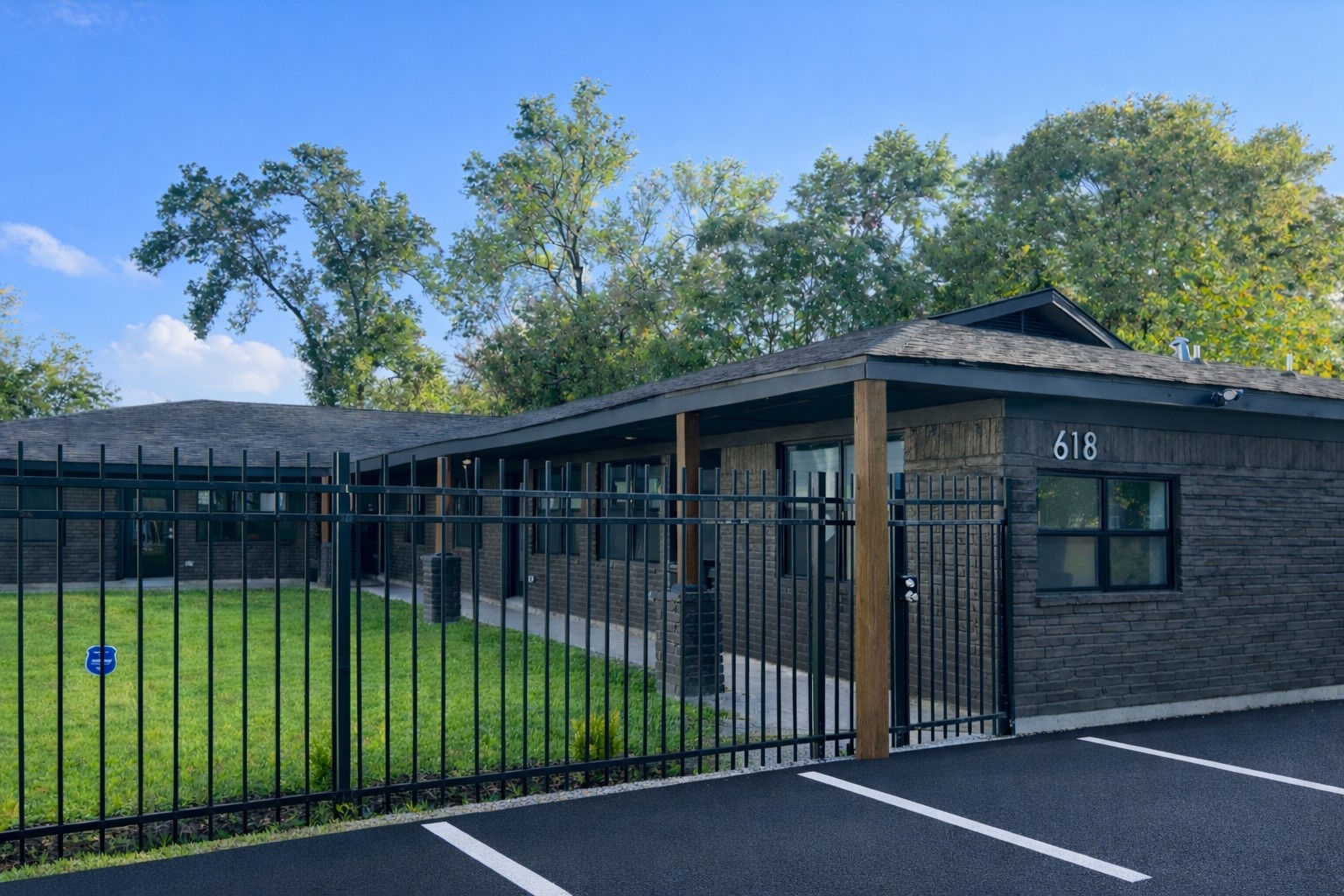 a view of a backyard with a large trees