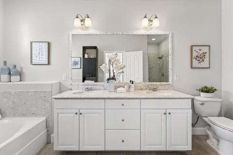 a bathroom with a granite countertop toilet sink and mirror