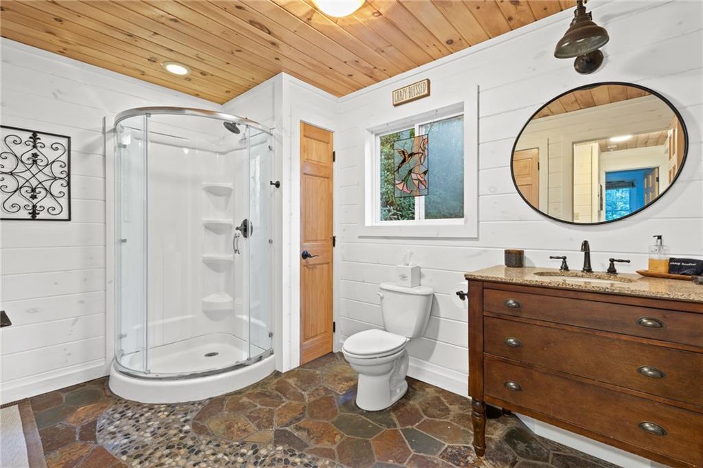 129 Old Bend Road Blue Ridge, GA 30513 - Photo 22 of 44 a bathroom with a toilet a sink and a mirror