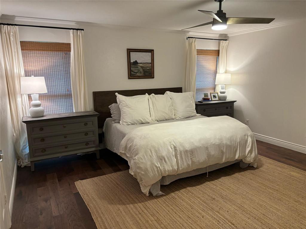 4301 Winding Way Benbrook, TX 76126 - Photo 13 of 25 Bedroom featuring dark wood-style floors, crown molding, and a ceiling fan