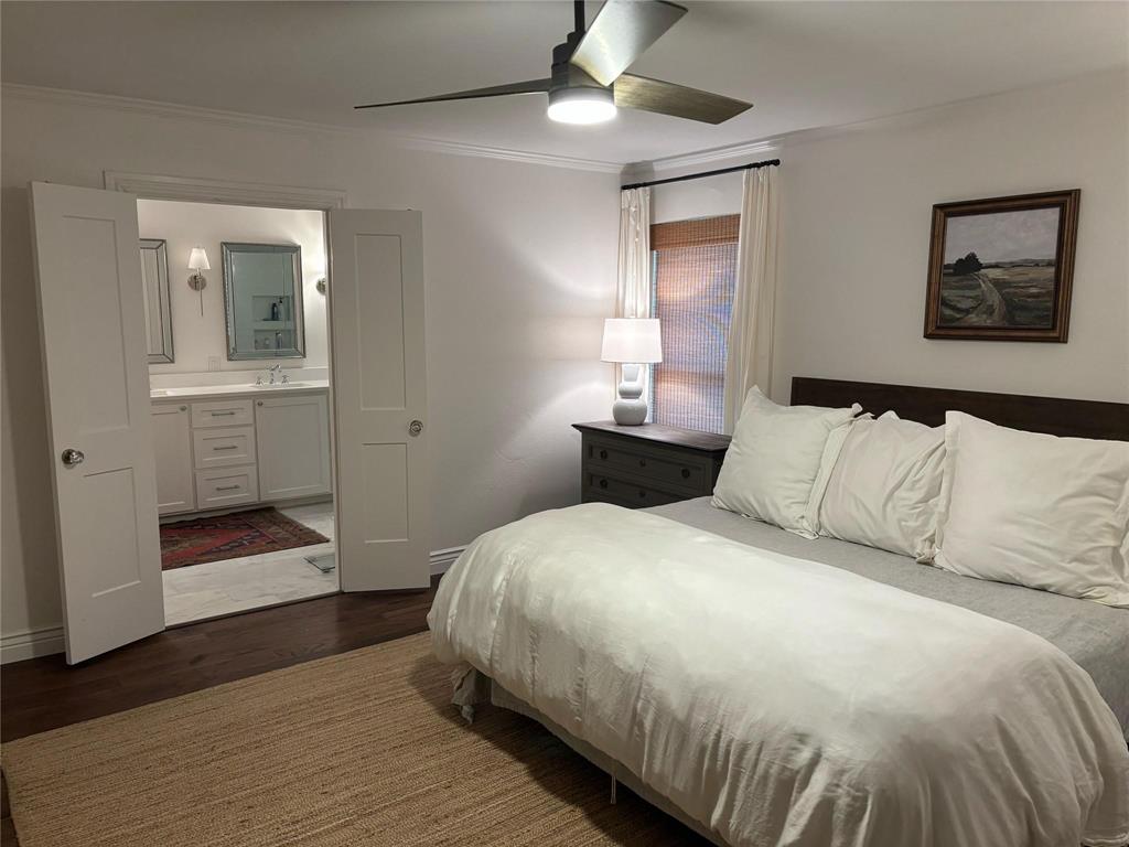 4301 Winding Way Benbrook, TX 76126 - Photo 14 of 25 Bedroom featuring dark wood-type flooring, ensuite bathroom, ornamental molding, and ceiling fan