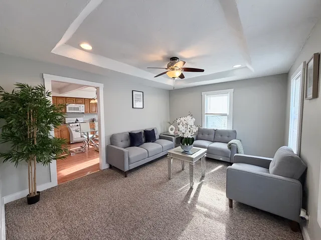 a living room with furniture and a potted plant