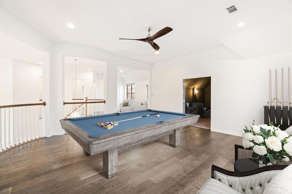 2441 Flat Creek Road Frisco, TX 75036 - Photo 22 of 34 Playroom featuring billiards table, wood finished floors, ceiling fan, recessed lighting, and vaulted ceiling