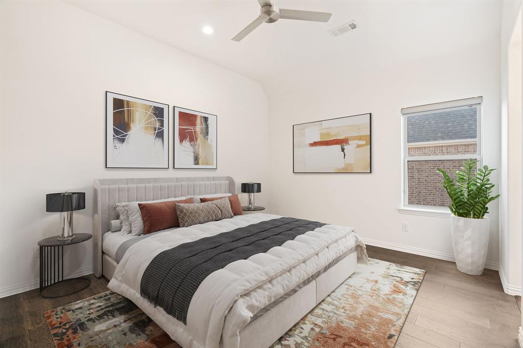 2441 Flat Creek Road Frisco, TX 75036 - Photo 25 of 34 Bedroom featuring hardwood / wood-style flooring, ceiling fan, and recessed lighting