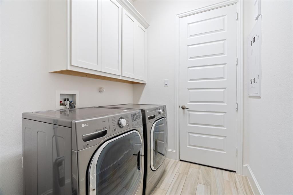 2441 Flat Creek Road Frisco, TX 75036 - Photo 30 of 34 Laundry area with light wood-type flooring, washing machine and dryer, cabinet space, and electric panel
