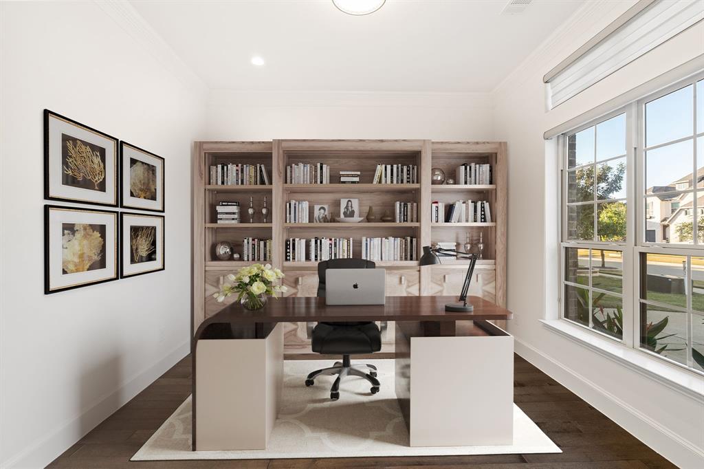 2441 Flat Creek Road Frisco, TX 75036 - Photo 6 of 34 Office area featuring crown molding and dark wood-type flooring