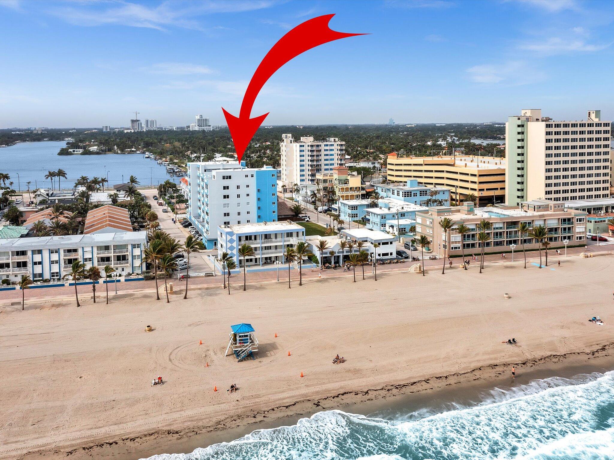 320 South Surf Road, Unit 402 Hollywood, FL 33019 - Photo 1 of 30 BAKER BUILDING FROM OCEAN WITH ARROW 1