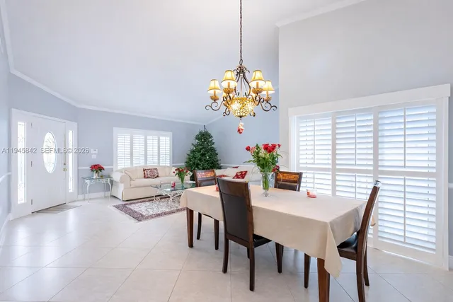 a view of a dining room with furniture and window