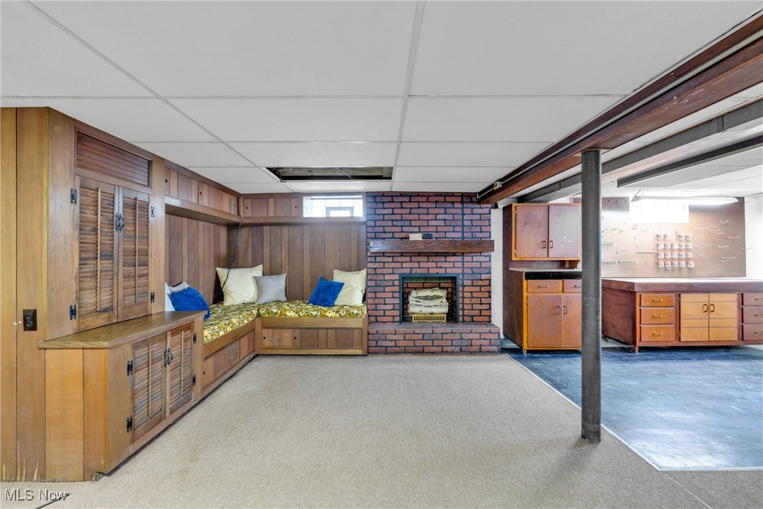 390 Hilliard Road Elyria, OH 44035 - Photo 22 of 30 Basement with a drop ceiling, wood walls, and carpet