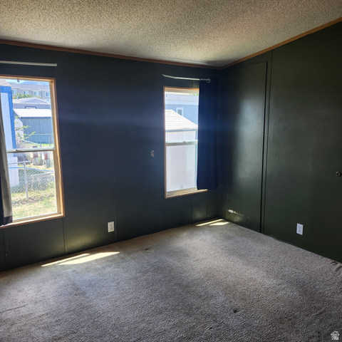 3760 Gold Ridge Drive, Unit 82 Magna, UT 84044 - Photo 18 of 29 Carpeted room featuring dark paneling, two windows with wood trim, and a built-in closet with a dark door