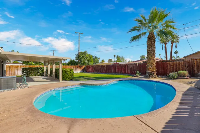 a view of a backyard with palm tree