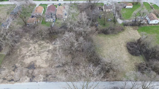 a view of a dry yard with trees