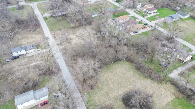 a view of a dry yard with trees