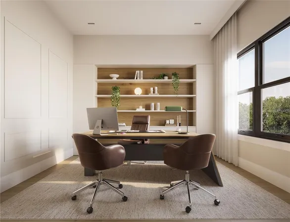 a room with a table chairs and wooden floor