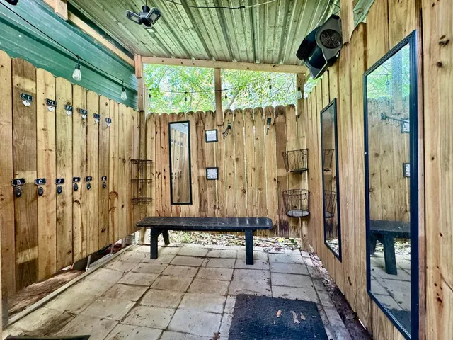 a view of a porch with a backyard