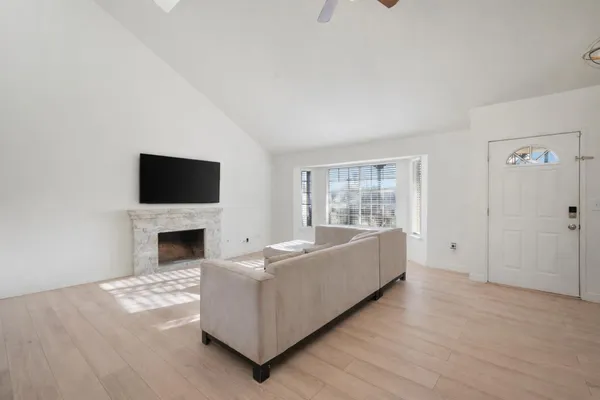 a living room with furniture and a fireplace