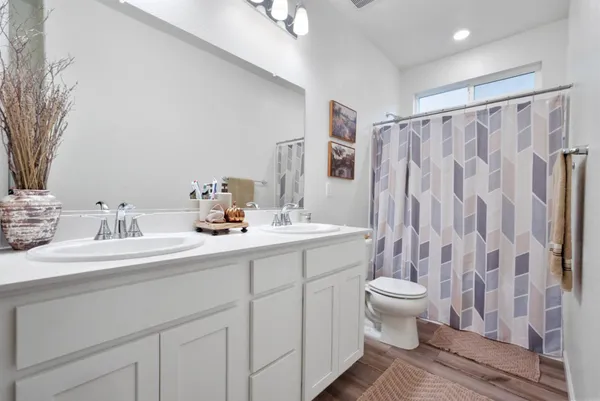 a bathroom with a sink toilet a mirror and shower curtain
