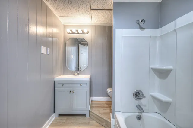 a bathroom with a bathtub a sink a toilet a mirror and vanity