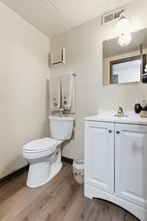 a bathroom with a toilet sink and mirror