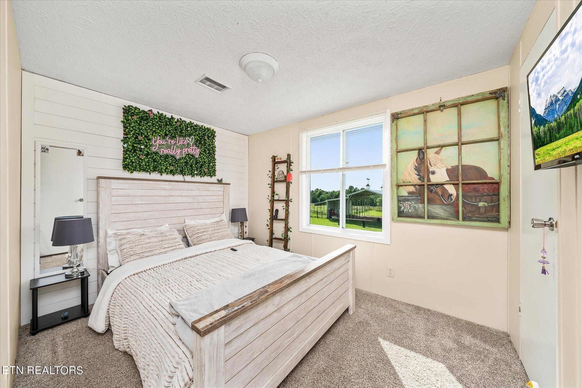 110 James Henry Road Deer Lodge, TN 37726 - Photo 12 of 25 a bedroom with a large bed and a flat tv screen on dresser