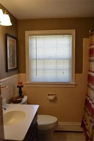 a bathroom with a sink a toilet and mirror