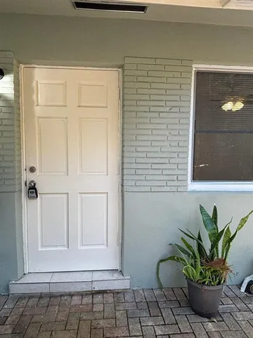 a potted plant sitting in front of a door