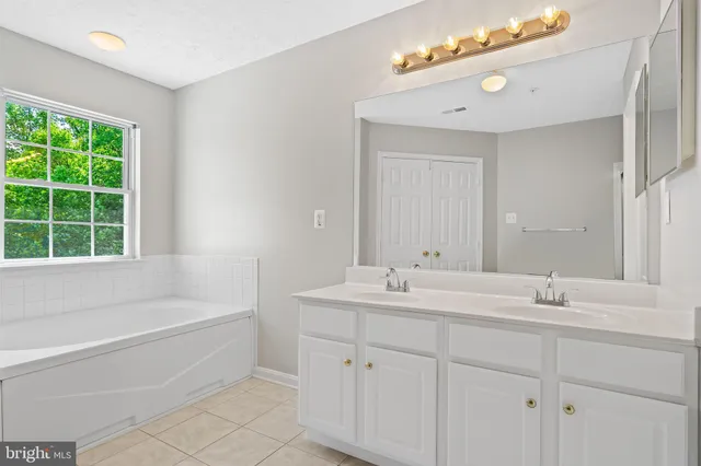 a bathroom with a double vanity sink a mirror and a bathtub