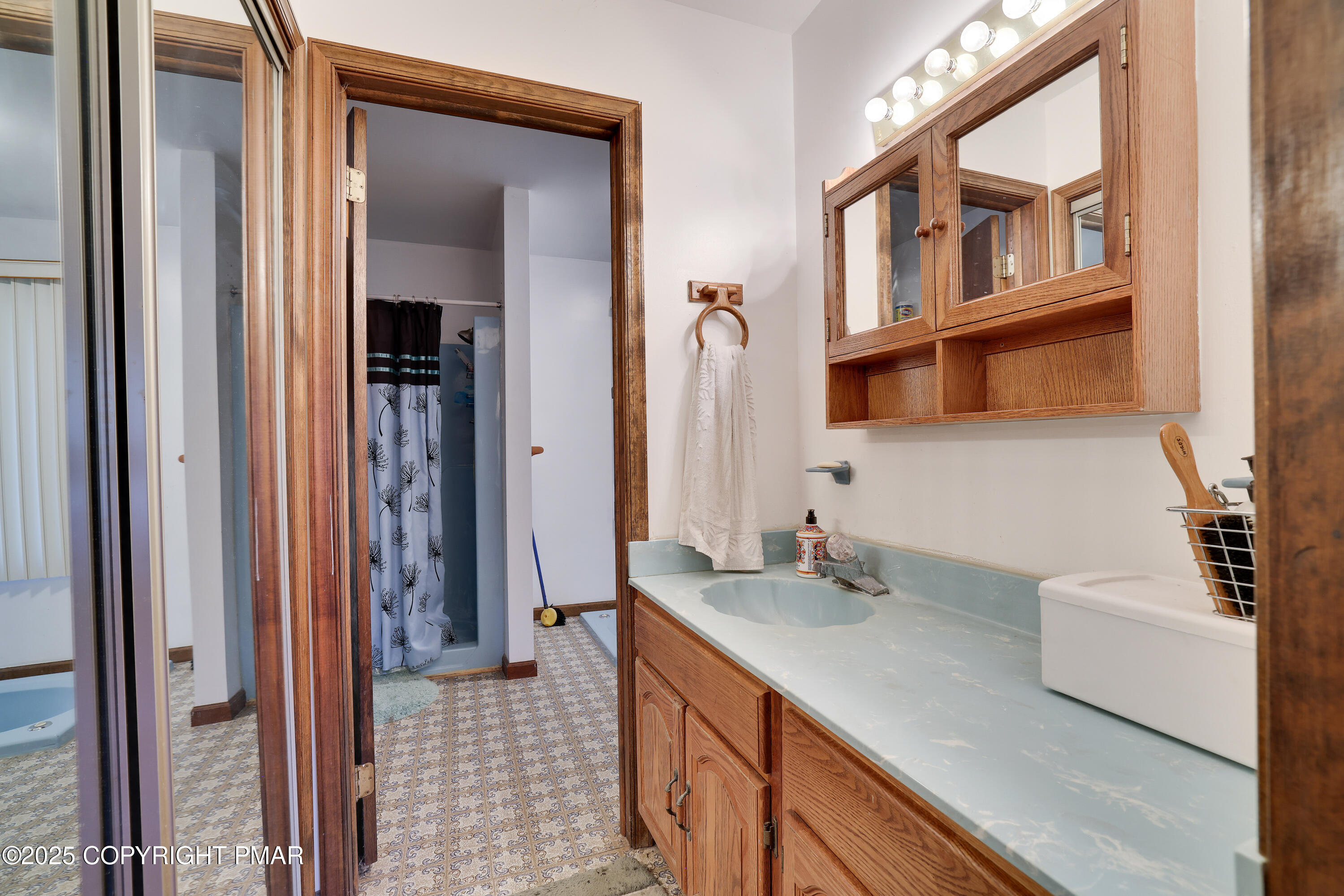 385 Saunders Drive Bushkill, PA 18324 - Photo 25 of 42 a bathroom with a sink and a mirror