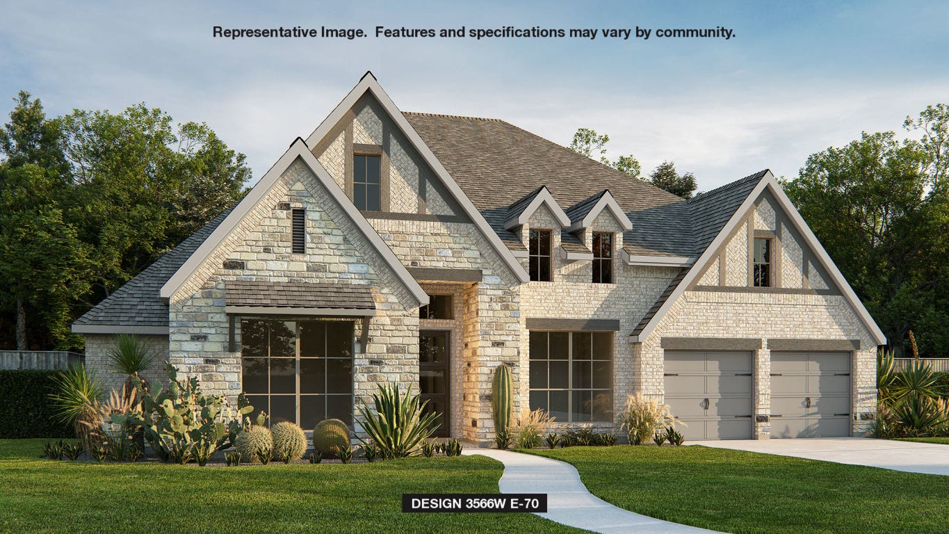View of front of property with a front lawn, stone siding, roof with shingles, and concrete driveway