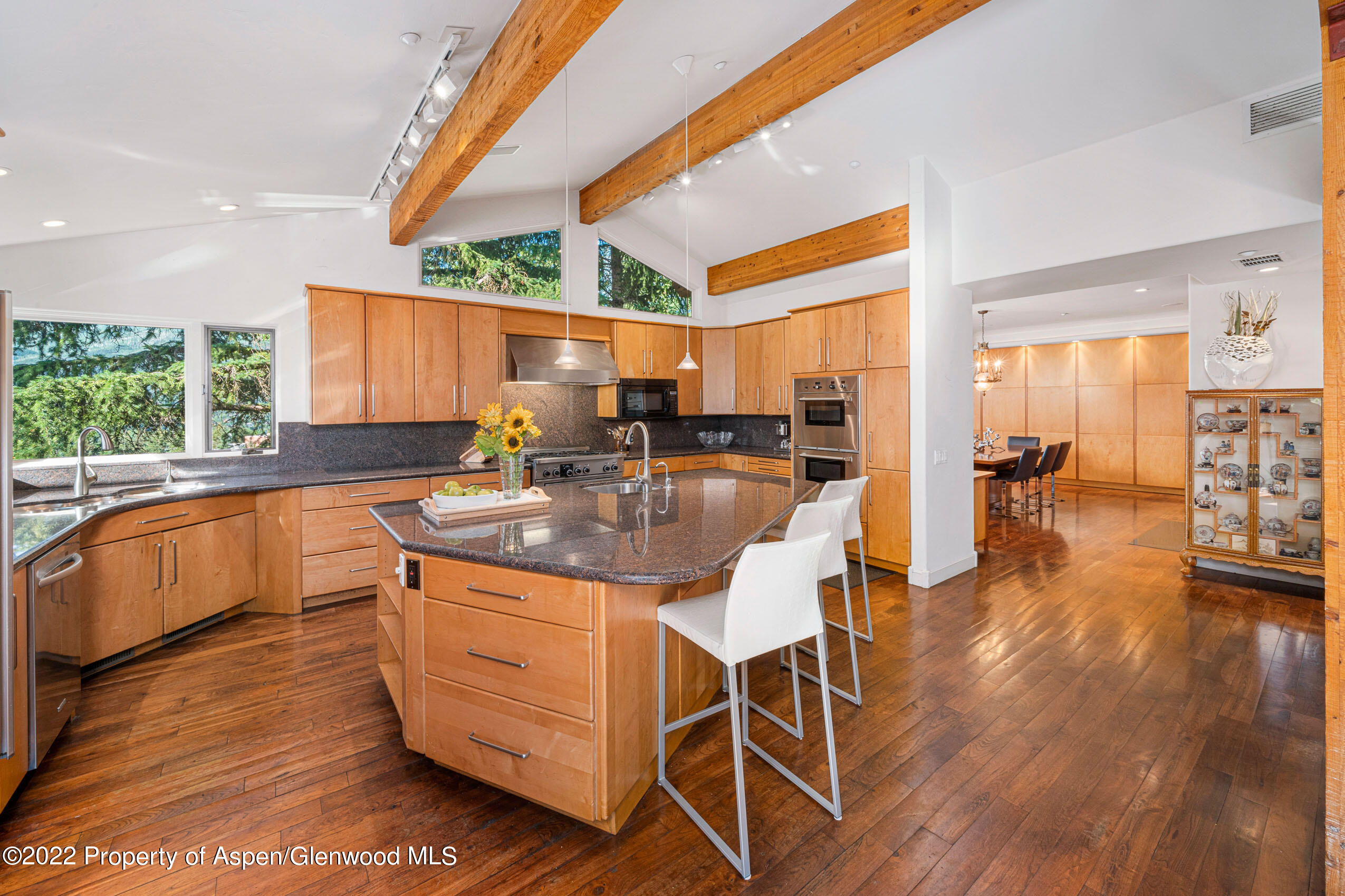 61 Primrose Path Aspen, CO 81611 - Photo 4 of 48 a kitchen with stainless steel appliances granite countertop wooden floors and a view of living room