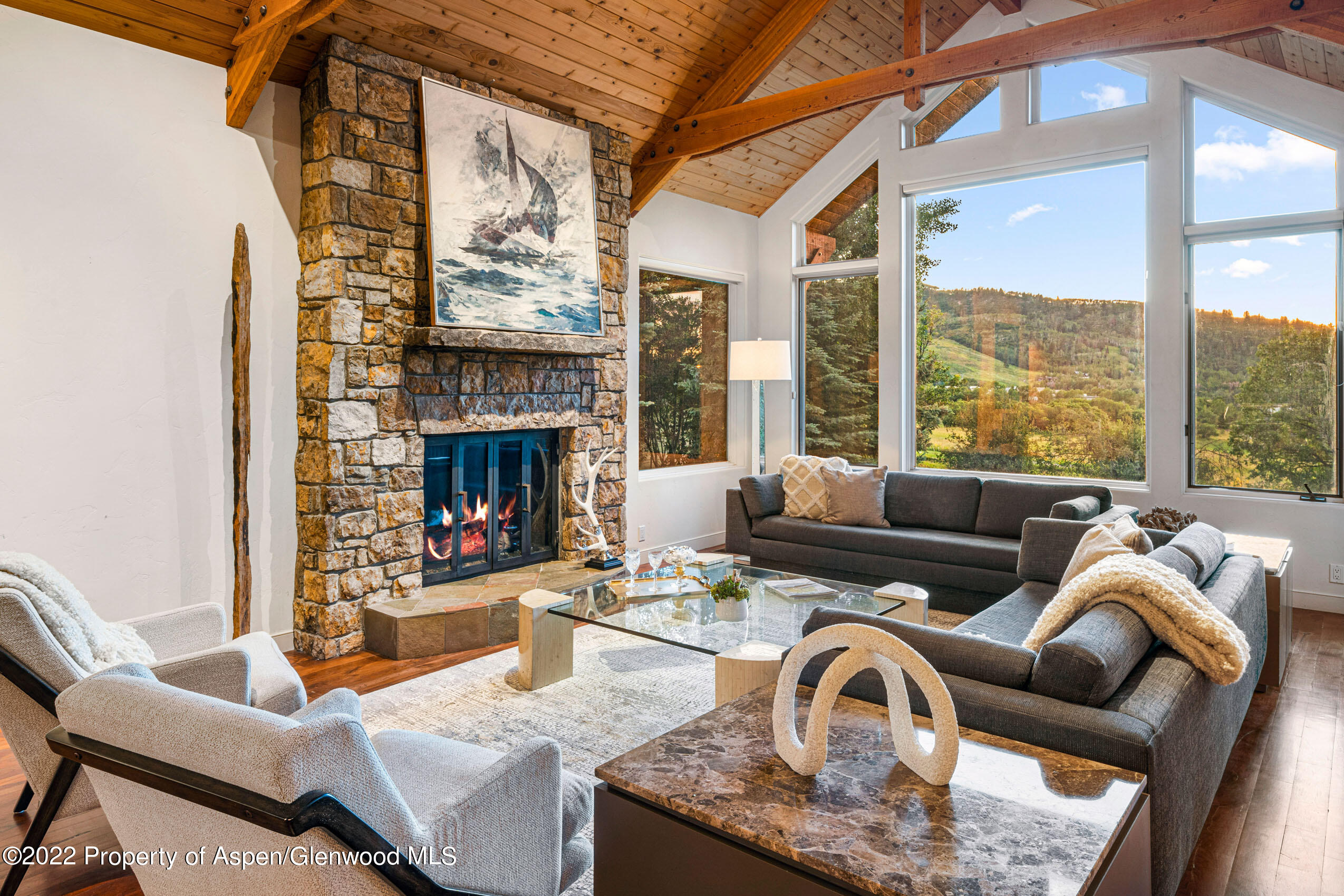 61 Primrose Path Aspen, CO 81611 - Photo 42 of 48 a living room with furniture fireplace and a large window