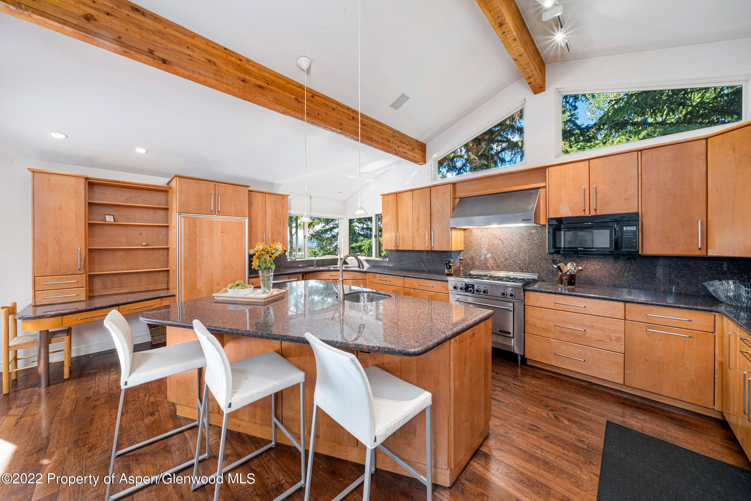 61 Primrose Path Aspen, CO 81611 - Photo 6 of 48 a kitchen with stainless steel appliances granite countertop a kitchen island a stove a table and chairs