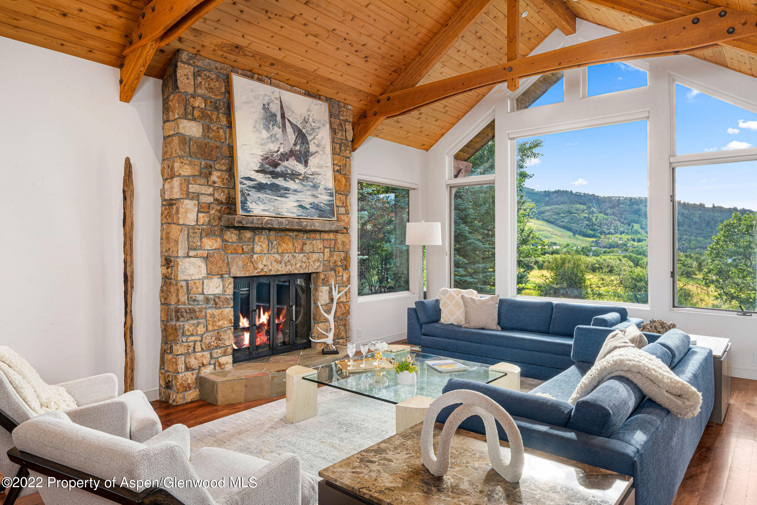61 Primrose Path Aspen, CO 81611 - Photo 9 of 48 a living room with furniture a fireplace and a large window