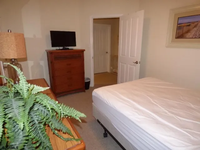 a bedroom with a bed and a television