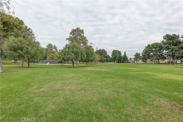 a grassy field with trees in the background