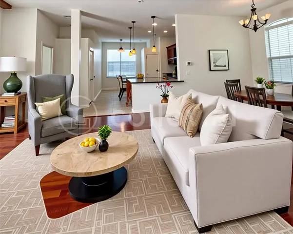 a living room with furniture and a table