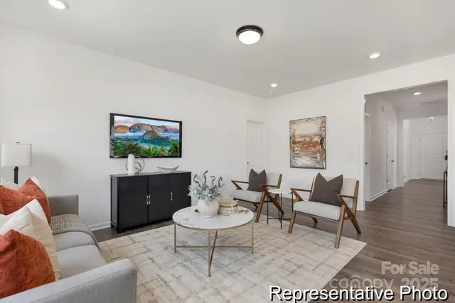 a living room with furniture a rug a lamp and a flat screen tv