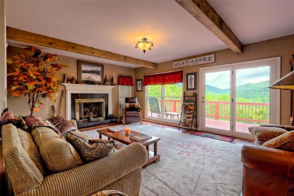 995 Glassy Mountain Road Hiawassee, GA 30546 - Photo 10 of 87 a living room with furniture a flat screen tv and a fireplace