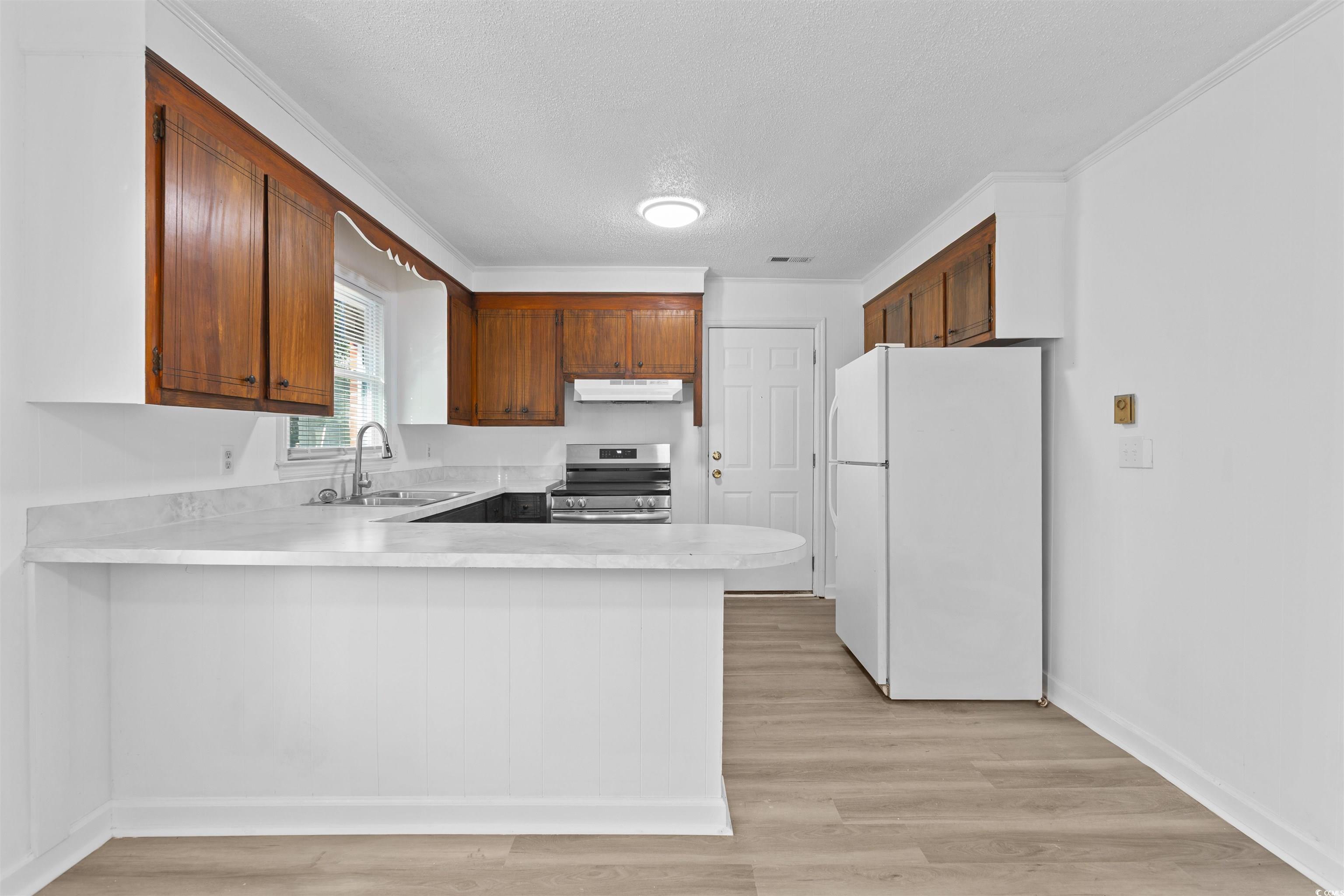 139 State Rd S-22-496 Andrews, SC 29510 - Photo 4 of 20 Kitchen featuring light countertops, freestanding refrigerator, a peninsula, electric range, and light wood-style flooring