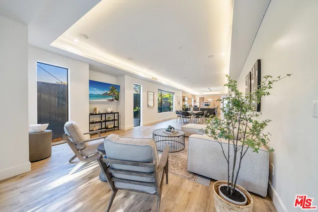 a living room with furniture a potted plant and a kitchen view