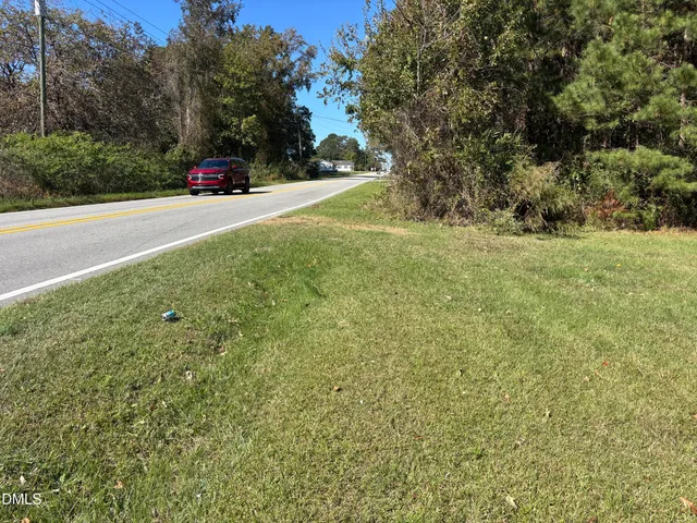a view of a street with a yard and large trees