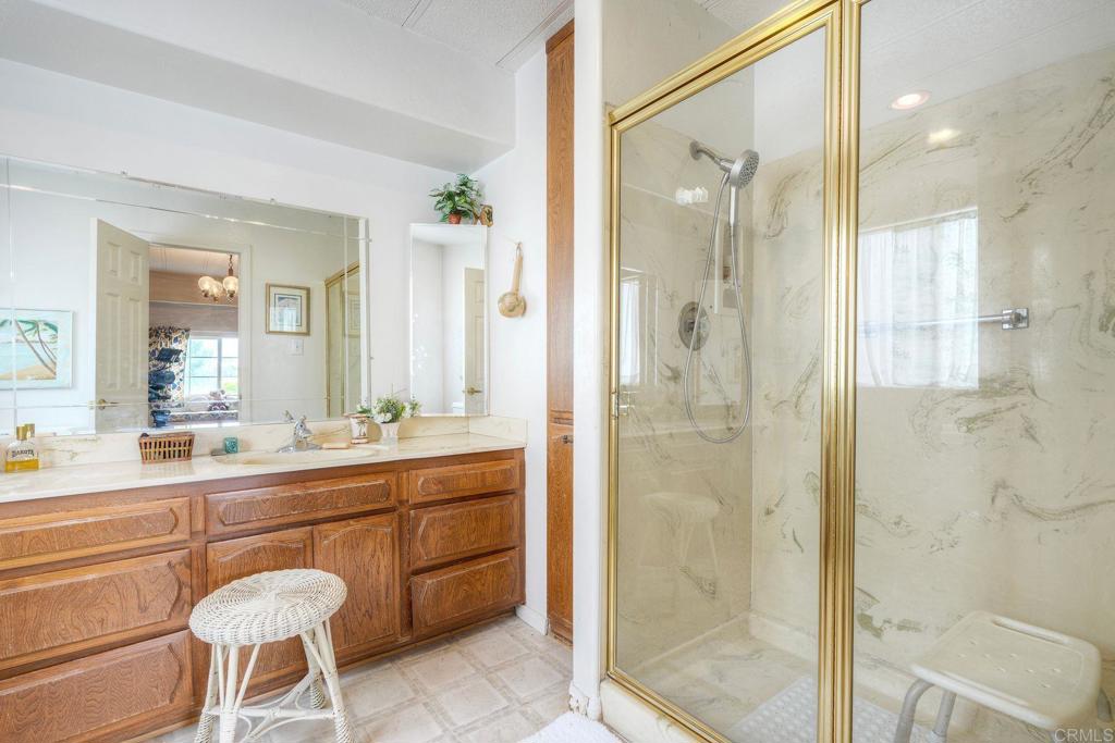 18218 Paradise Mountain Road Valley Center, CA 92082 - Photo 23 of 36 a spacious bathroom with a shower sink and a mirror
