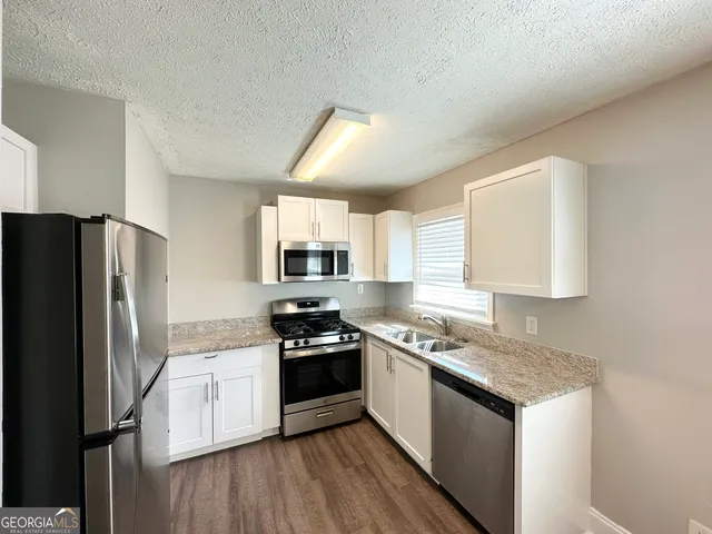 a kitchen with stainless steel appliances granite countertop a stove a refrigerator a sink dishwasher and a refrigerator