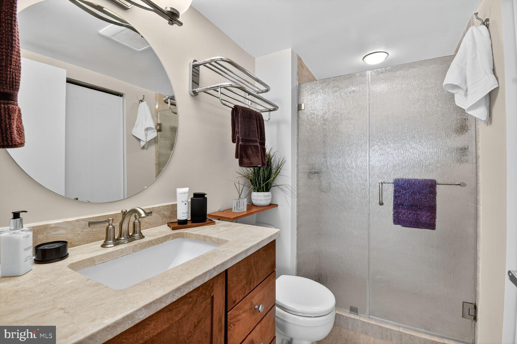 900 Bonifant Street, Unit D Silver Spring, MD 20910 - Photo 38 of 54 a bathroom with a granite countertop sink a toilet a mirror a vanity and shower