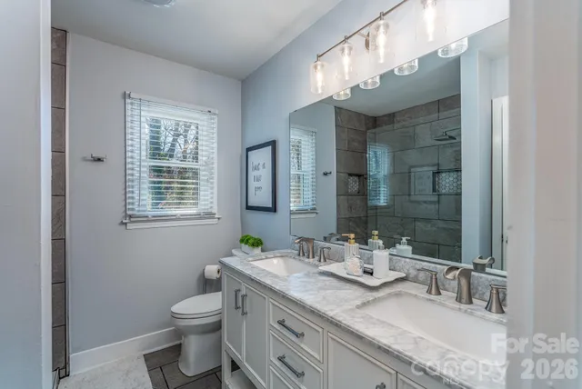 a bathroom with a granite countertop sink a toilet a large mirror and shower
