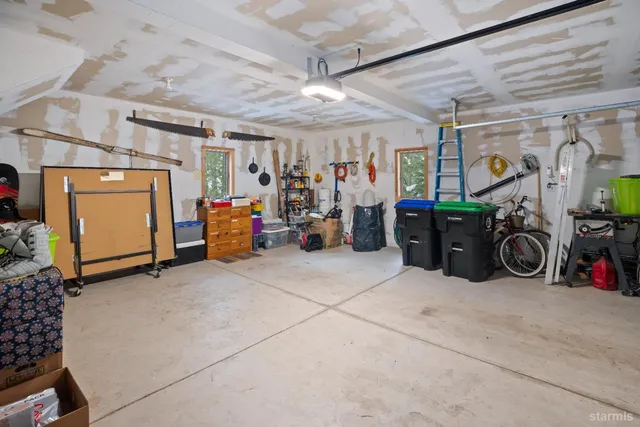 a view of a garage with storage