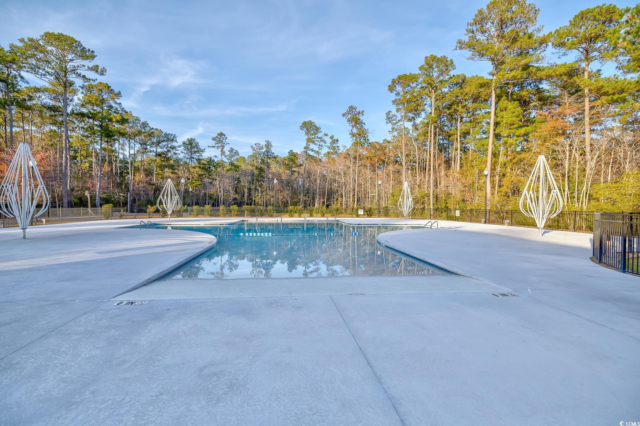 Community pool featuring a patio area and view of scattered trees
