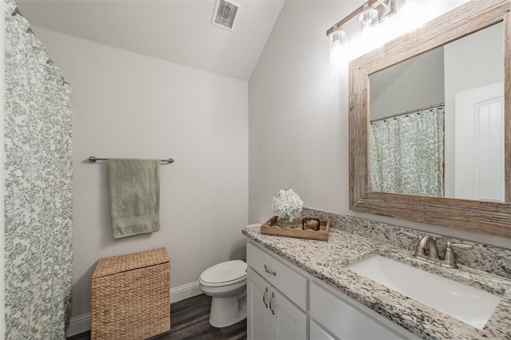141 Maverick Lane Pilot Point, TX 76258 - Photo 28 of 40 a bathroom with a granite countertop toilet sink and mirror