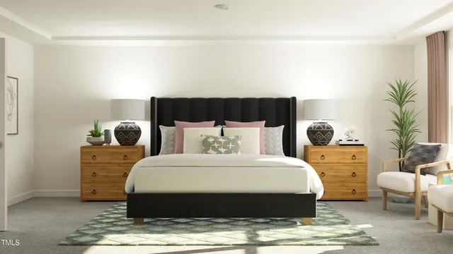 a bedroom with a bed and a potted plant